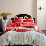 Yeknu  4Pcs Pink Romantic Lace Ruffles Princess Wedding Bedding Set 100% Cotton Duvet Cover Bed Sheet Or Quilted Bedspread Pillowcases
