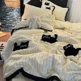Yeknu  Korean Style Bedding Set Green Strip Black Cat Embroidery Washed Cotton  Duvet Cover Cute Cardboard  Bed linen Comforter Sets