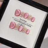 Yeknu 10Pcs Pink Shiny Fake Nails Handmade Glass Beads Cat Eye Nail Sticker Full Cover Cute Cherry Fruits Pattern Removable Nails Tips