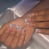 Yeknu 24Pcs Mid-length French Pink Square Head Press on False Nails Flash Drill Wearable Finished Manicure Full Cover Nail Tips