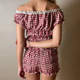 Yeknu  Women Summer y2k Coquette 2 Piece Set Outfits Plaid Print V Neck Short Sleeve Crop Tops Ruffles Shorts Fairycore Clothes