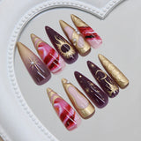 Yeknu  24pcs Gold-Plated Mystic Purple Gradient Fake Nails 3D Starburst Sweet & Edgy Pearls Press on Nail Short Almond False Nail Art