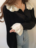 Yeknu  Autumn Velvet Shirts Tops Women Lace Patchwork Fashion Ruffle Long Sleeve Ladies Blouses Vintage Korean Loose Woman Shirt