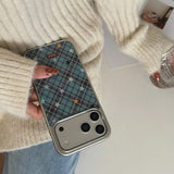 Yeknu  Blue Brown Diamond Plaid Grid Star Phone Case For iPhone 17 16 15 14 Pro Max 13 Case Luxury Silver Edge Protective Back Cover