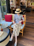 Yeknu  Women’s Plaid Midi Pleated Skirt Spring Summer Yellow Brown Checkered A-Line Ladies Skirt  Casual Elegant Woman Skirts