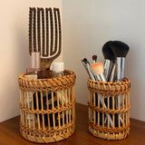 Yeknu  Retro bamboo woven ins makeup brush storage tube, woven pen holder, high beauty dressing table desktop multifunctional storage