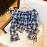 Yeknu  Women Red Plaid Shirts and Blouses Y2k Vintage Harajuku 2000s Elegant Peter Pan Collar Long Sleeve Slash Neck Shirt Clothes