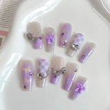 Yeknu  10PCS handmade coffin shaped nails, beautiful fake nails, violet grid gradient nail art, suitable for women to use