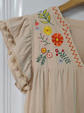 Yeknu  Summer V-neck Flower Embroidery Dress Women Holiday Boho Ruffle Sleeve Knee-length Dress Beach Women Vestidos
