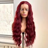Yeknu  Burgundy Long Curly Wavy Red Wig Synthetic Middle Part Loose Deep Natural Wave 13X4 Wine Red Wigs for Women Daily Party Cosplay
