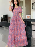 Yeknu  Retro Floral Print Chiffon Dress Women Summer Bubble Short Sleeve Slim Holiday Boho Dresses Multi-layered Ruffle Long Cake Dress