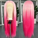 Yeknu  Long Pink Ombre Wig  Body Wave Synthetic Hair Middle Part 13X4 Curly Wavy Light Pink Highlight Gradient Colored Wigs for Women