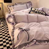 Ins Princess Style Ruffle Trim Duvet Cover Set - Washed Cotton Korean-Style Minimalist Sheet 4-Piece/3-Piece Bedding for Girls
