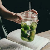 Yeknu  450ML Glass Cup with Lid and Straw Transparent Drinking Glasses for Juice Water and Iced Coffee Cups Drinkware Mug Water Bottle
