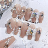 Yeknu  Gradient Blue Fake Nails with Flower Crystal Design Glitter Fake Nails for Lady Girls Christmas Gifts Artificial Nails Handmade