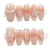 Yeknu  10Pcs French Oval False Nails 3D Handcarved Floral Design Handmade Press On Nails For Women Wearable Sweet Nude Pink Fake Nails