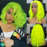 Yeknu  Short Curly Wavy Bob Wigs for Women Synthetic Free Part Shoulder Length Neon Green 13X4 Lace Front Wigs for Party Cosplay