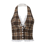 Yeknu  Women's Halterneck Plaid Print Crop Top V-neck Backless Lace Slim Tank Top with Bow Embellishment