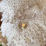 Yeknu INS Princess Ruffle Edge Gauze 100% Cotton Pillow Case Breathable Duvet Cover Without Filler 3PCS Floral Home Bedding Set