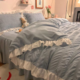 Yeknu  Pink Ruffled Seersucker Duvet Cover Set 3/4pcs Soft Lightweight Down Alternative Grey Bedding  with Bed Skirt and Pillowcases