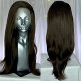 Yeknu  Long Wavy Dark Brown Synthetic Lace Front Wigs for Women Free Part Layered Cut Natural Wave Brunette Colored 13X4 Wigs Daily Use