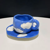 Yeknu 300ML Blue Sky and White Clouds Coffee Cup Tableware Set Hand-painted Ceramic Mug Milk Breakfast Cup Cute Coffee Tableware