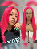 Yeknu  Hot Pink Wig Long Straight Synthetic Hair Lace Front Wigs for Women Bright Pink Long Silky Straight Lace Hair Cosplay Daily Wear