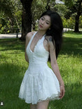 Yeknu  White Lace Embroidery Halter Neck Dress New Summer Sleeveless Backless Sexy A-Line Dresses Women Slim Party Dress