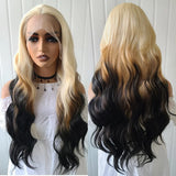 Yeknu  Long Pink Ombre Wig  Body Wave Synthetic Hair Middle Part 13X4 Curly Wavy Light Pink Highlight Gradient Colored Wigs for Women