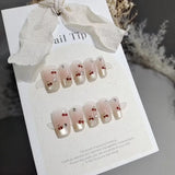 Yeknu 10Pcs Short Square Handmade with Cat Eye Designs French Red Cherry Ballerina Wearable Cute Sweet Nails Fashion Acrylic Nail Tips
