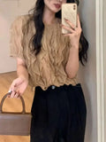 Yeknu  Spring Pullover Long Sleeve Tops Women Loose Pleated Fashion Ladies Cropped Blouses Ruffled Lace Mesh Hollow Woman Tops
