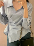 Yeknu  Spring Summer Shirts Tops Women Slim Bodycon Fashion Sexy Irregular Pleated Ladies Blouses Korean Style Woman Shirts Tops