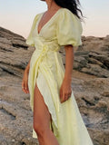 Yeknu  Jastie Summer V-neck Waist Cinched Dress Unique Lantern Sleeve Fashionable Sexy Slit Long Skirt Cotton Women's Casual Dresses