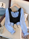 Yeknu  Women's Blue Striped Shirts and Blouses Y2k Vintage Harajuku Aesthetic 2000s Oversize Long Sleeve Shirt Outfits Fashion Clothes