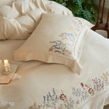 Yeknu Natural Cotton Linen Vintage French Flowers Embroidery Luxury Bedding Set Duvet Cover Flat/Fitted Bed Sheet Pillowcases 4Pcs