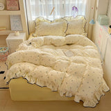 Yeknu  new cream lace girl powder grid Korean version bed four-piece set washed cotton double-layer yarn quilt cover dormitory