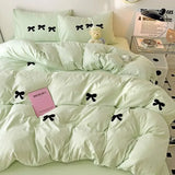 Yeknu Girls Pink Bedding Set with Bow Korean Breathable Duvet Cover No Filler Flat Sheet Pillowcases Mix Color Comforter Cover Set