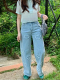 Yeknu  Jeans Spring Pant Women Love Embroidery Fringe Fashion Ladies Trousers Korean Style Loose Pleated Wide Leg Woman Long Pants