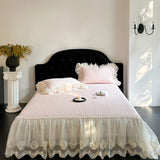 Yeknu  4Pcs Pink Romantic Lace Ruffles Princess Wedding Bedding Set 100% Cotton Duvet Cover Bed Sheet Or Quilted Bedspread Pillowcases