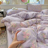 Yeknu  Floral Printed A-Class Ultra-Soft 100% Knitted Double Layer Yarn Bedding Set - 3/4 Pcs Student Dorm Fitted Sheet