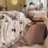 Yeknu  4-pcs Set with Linen Touch, Pure Polyester Material Ruffled Romantic Bow Design Girl Woman Bedroom Bedding Set Colored Flowers