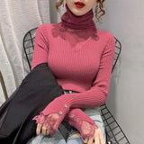 Yeknu  Women Clothing Hollow Lace Patchwork Turtleneck Sweaters Autumn Winter Fashion All-match Solid Knit Pullovers Office Lady Tops