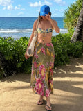 Yeknu  Floral Print Slit  Midi Skirt Elastic Waist Side Split Draped Fabric Spring Summer Brunch Lady Women Boho Vintage Outfit
