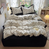 Yeknu  New French Lace Wash Quilt Cover Korean-style Romantic Herben-style Black Print Four-piece Set Skin Friendly Bedding Set