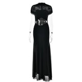 Yeknu  Women Ruched Cutout Maxi Dress Solid Mesh Yoke High Neck Evening Elegant Women Vestido Fashion Glamorous Lady Party Gown