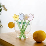 Yeknu  Colored Flower Glass Dessert Spoon High Temperature Resistant Spoon Creative Long Spiral Handle Juice Coffee Stirring Spoon
