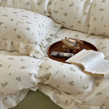 Yeknu INS Princess Ruffle Edge Gauze 100% Cotton Pillow Case Breathable Duvet Cover Without Filler 3PCS Floral Home Bedding Set