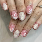 Yeknu  Short Glossy Oval Press-On Nails with French Glitter Tips Spring Flower Designs False Nail Tips for Women&Girls Manicure Look