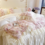 Yeknu  Flowers Lace Ruffles Princess Wedding Bedding Set Full Queen King Duvet Cover Bed Skirt/Bed Sheet/Fitted Sheet Pillowcases 4Pcs