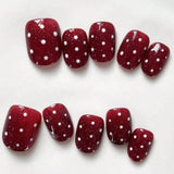 Yeknu  10pcs pure manual pressing bean nail art, beautiful fake nails, wine red polka dot nail art, suitable for women to use